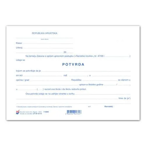 OB UT-XI-10-12, potvrda o upisu